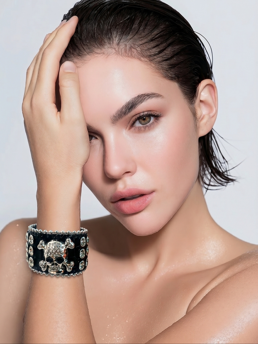 Skull Accent Black Leather Cuff Bracelet